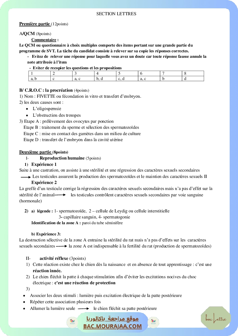 Corrigé principale svt Bac 2012 – Section lettre